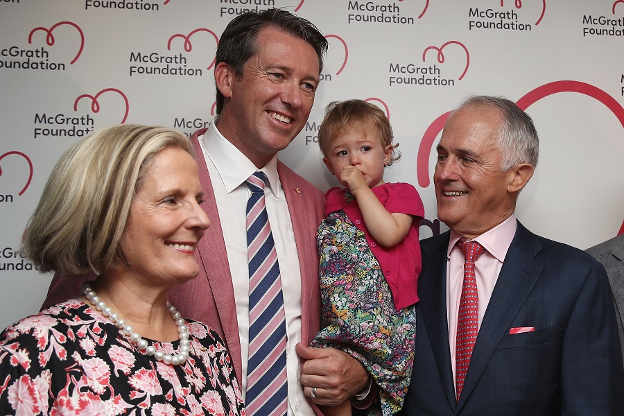 Glenn McGrath with Australian PM Malcolm Turnbull and Lucy Turnbull during McGrath Foundation lunch/Cricket Australia/Getty Images