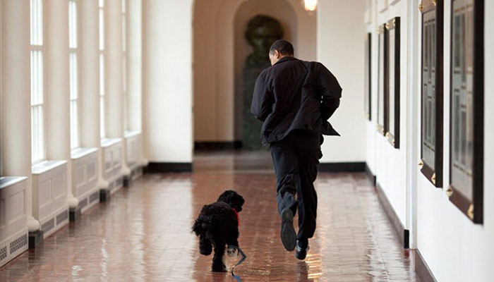 April 13, 2009.Obama runs down a corridor with the family
