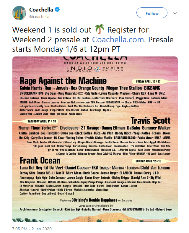 Coachella 2020 Reveals Its Complete Lineup With Rage Against The Machine Travis Scott In Prime Slots