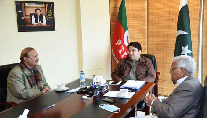 President PTI Kashmir Barrister Sultan Mehmood Chaudhry and PTI Central Chief Organiser Saifullah Khan Nyazee in a meeting in Islamabad. Photo: Twitter