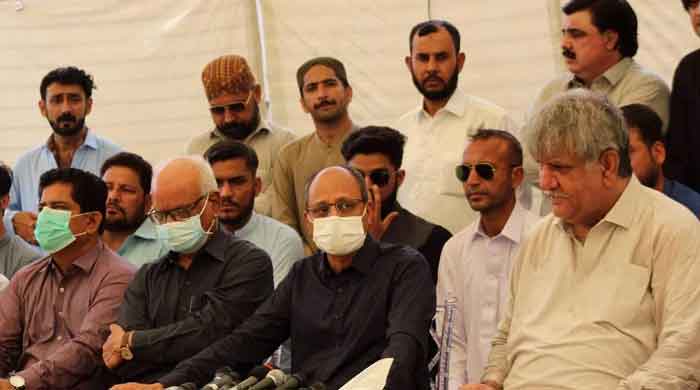 Saeed Ghani (front Centre) sitting along with several PTI members at a meeting in Karachi on June 17, 2021. — Photo courtesy Twitter/Saeed Ghani