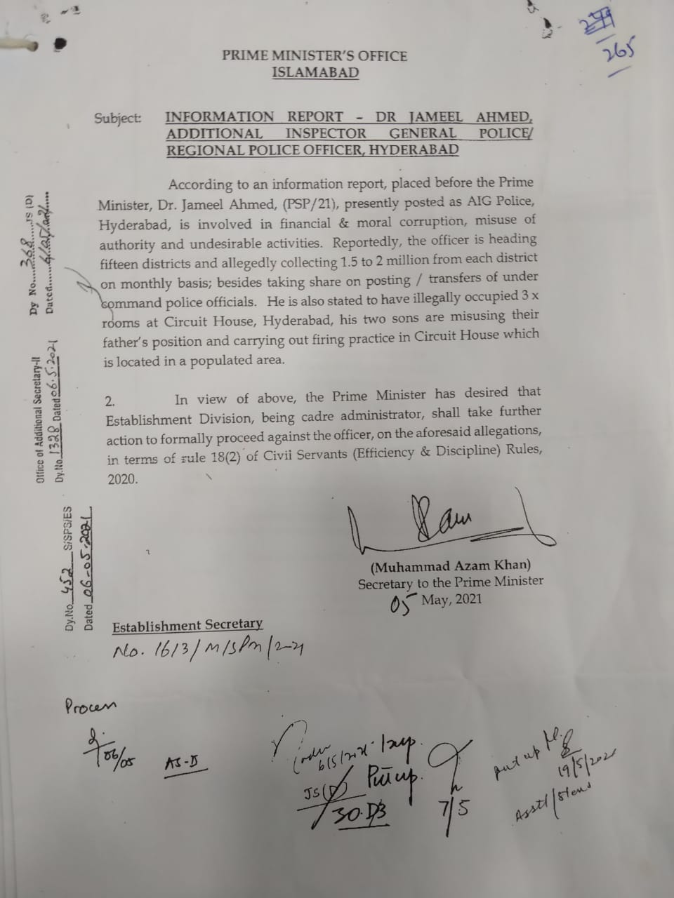 PM Imran Khan pens letter to Establishment Division.