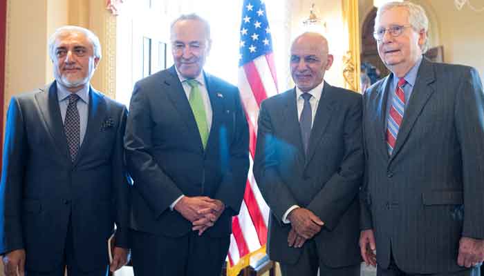 From left, Abdullah Abdullah, Afghan leader of High Council for National Reconciliation, Senate Majority Leader Chuck Schumer (D-NY), Afghanistan President Ashraf Ghani, Senate Minority Leader Mitch McConnell (R-KY), pose for a photo on Capitol Hill in Washington, US, June 24, 2021. — Reuters/Tom Brenner