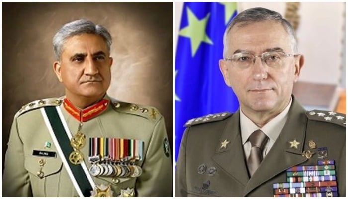 Chief of Army Staff General Qamar Javed Bajwa (L) and Chairman European Union Military Committee (EUMC) General Claudio Graziano. Photos: File/ Twitter.