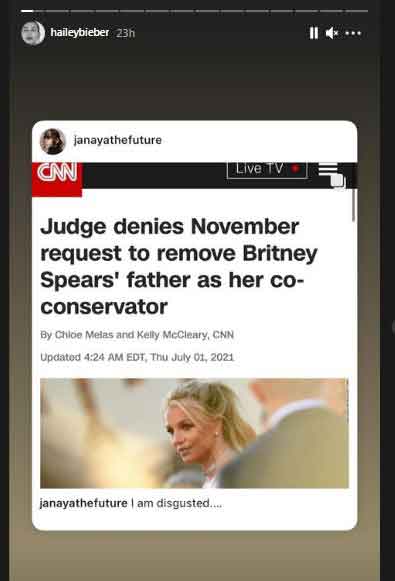 Hailey Bieber reacts after judge denies request to remove Britney Spears father from conservatorship