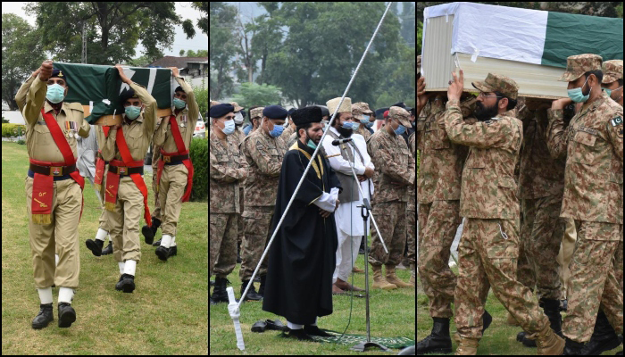 The funeral prayers of the four soldiers who embraced martyrdom — after a vehicle of the militarys Quick Reaction Force (QRF) fell into a ravine in Laswa near Neelum Valley — being offered in Muzaffarabad, on July 26, 2021. — ISPR