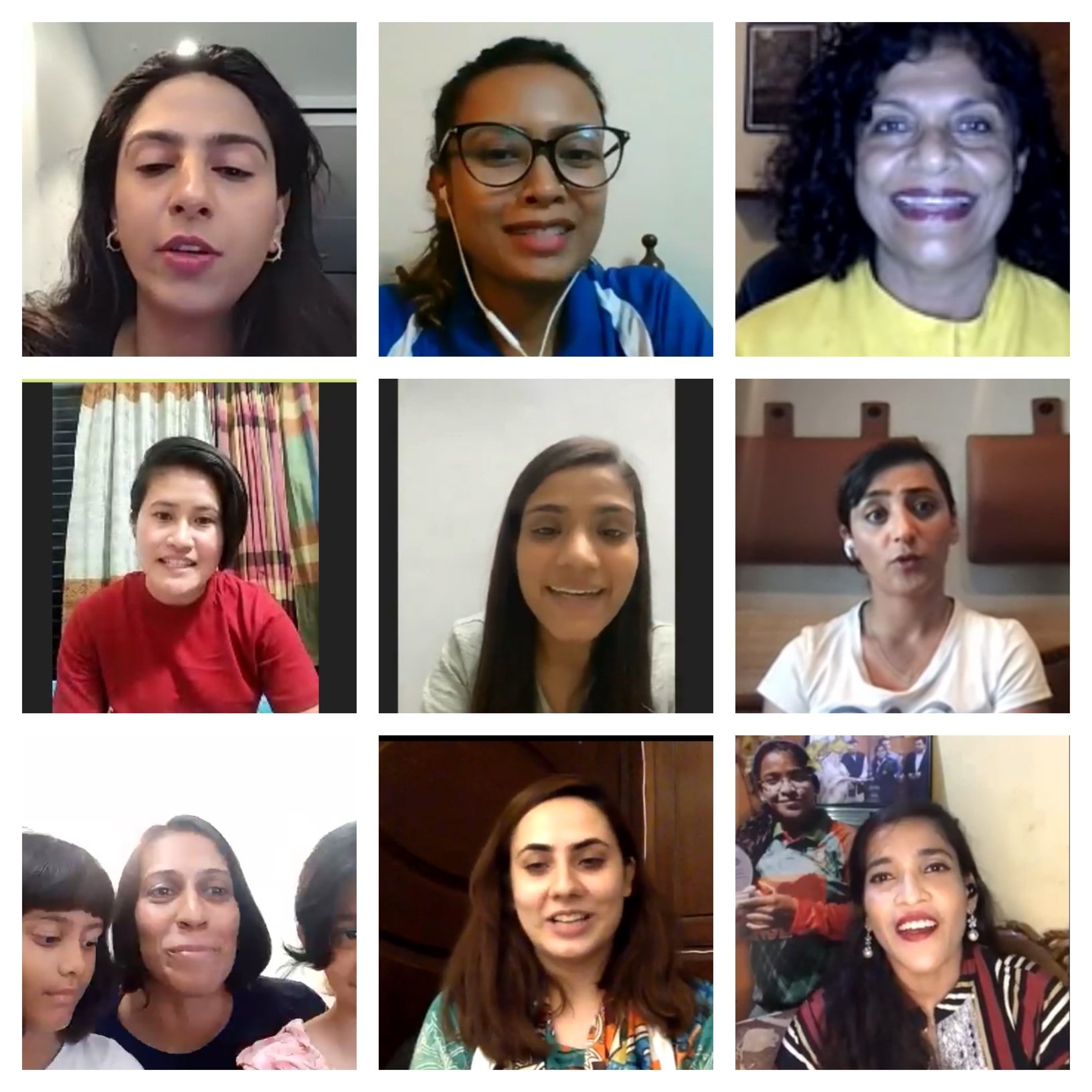 The image collage shows photos of different athletes from South Asia, including [top left]Ayesha Mansukhani, Asreen Mridha, Caryll Tozer, Champa Chakma, Gulshan Naaz, Khalida Popal, Nisha Millet and her twin daughters Noorena Shams and Ruhmana Ahmed. Photo: A screenshot taken by the author via Zoom.