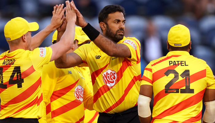 Wahab Riaz celebrates with his teammates after dismissing a batsman of the Welsh Fire in Cardiff, on August 6, 2021. — Twitter/ESPNcricinfo