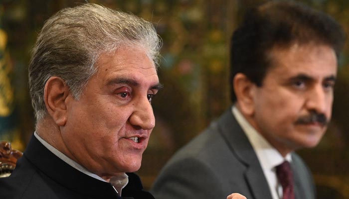 Foreign Minister Shah Mahmood Qureshi speaks during a press conference over the ongoing situation in Afghanistan, at the Foreign Ministry in Islamabad on August 9, 2021. — AFP