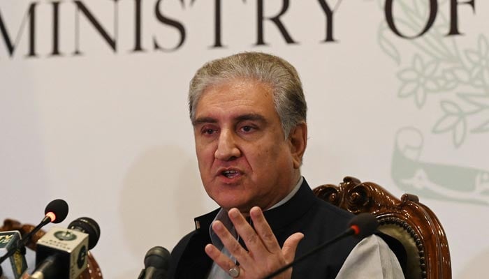 Foreign Minister Shah Mahmood Qureshi speaks during a press conference over the ongoing situation in Afghanistan, at the Foreign Ministry in Islamabad on August 9, 2021. — AFP