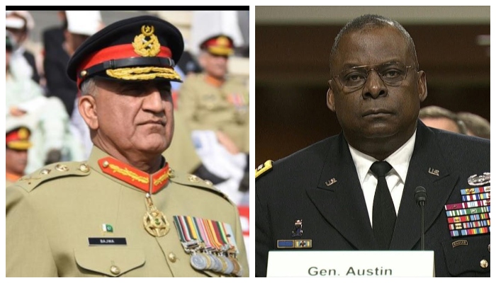 Pakistan army chief Gen Bajwa (left) and US Secretary of Defence Lloyd Austin. Photos: Geo.tv/ file