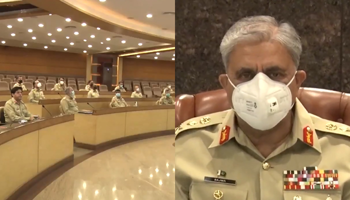 Chief of Army Staff General Qamar Javed Bajwa (right) chairs the two-day 242nd Corps Commanders’ Conference at the General Headquarters in Rawalpindi to discuss the global, regional, and domestic security environment, on August 11, 2021. — ISPR