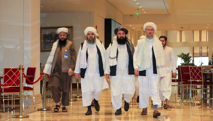 Abdul Salam Hanafi, member of the Taliban negotiating team and the Taliban delegation, arrive for Afghan peace talks in Doha, Qatar, August 12, 2021. -REUTERS.