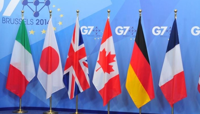 Flags of six countries of the G7, USA flag not pictures. Source: AFP