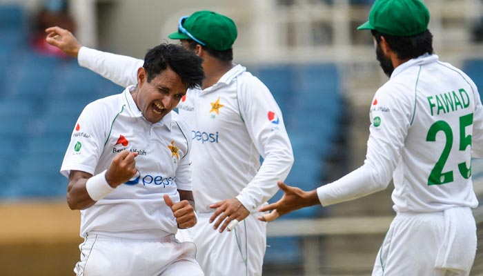 Mohammad Abbas of Pakistan celebrates the dismissal of Joshua de Silva of West Indies during day 4 of the 2nd Test between West Indies and Pakistan at Sabina Park, Kingston, Jamaica, on August 23, 2021. — AFP