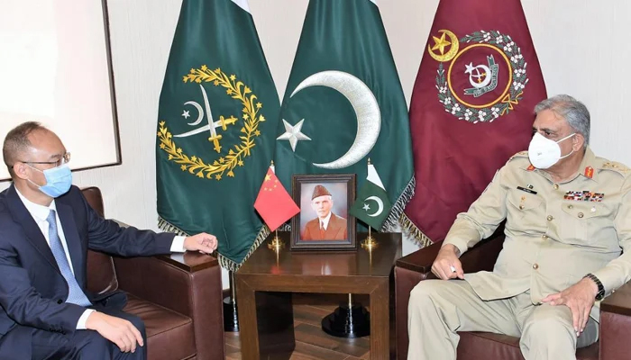 Chief of Army Staff General Qamar Javed Bajwa (R) meets Chinese Ambassador to Pakistan Nong Rong at the General Headquarters in Rawalpindi, on August 10, 2021. — ISPR/File