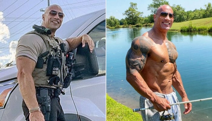 The Rocks doppelganger is on the left while the actor himself is pictured on the right.