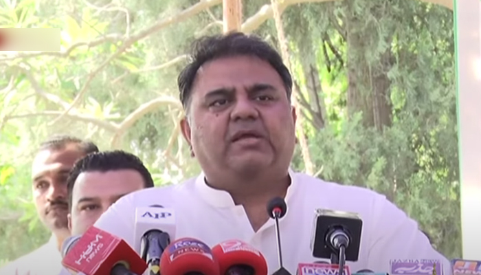 Federal Minister for Information and Broadcasting Fawad Chaudhry addressing a public meeting in Pind Dadan Khan on October 2, 2021. — YouTube/HumNewsLive