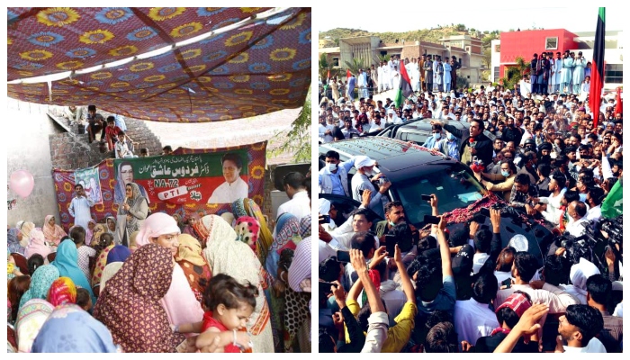 PTIs Firdous Ashiq Awan campaigns for the party in Kotli (Left) and PPP Chairman Bilawal Bhutto-Zardari addresses a crowd in Kashmir. Photo: Twitter