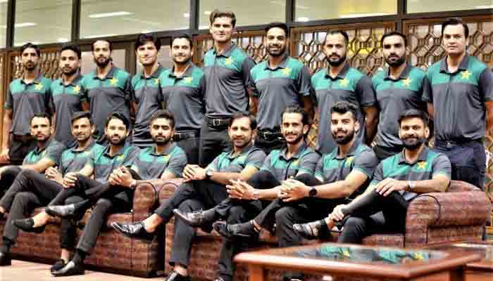 Pakistan team members pose for a group photo before departing to the UAE for the T20 World Cup. Photo: Courtesy PCB