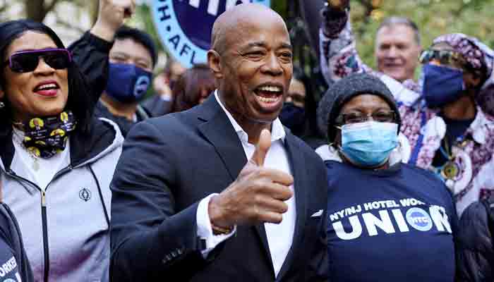 Democratic candidate for New York City Mayor Eric Adams attends a rally at City Hall the day before the election in the Manhattan borough of New York City, New York, US, November 1, 2021. -REUTERS