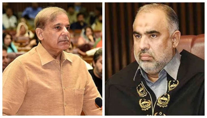 PML-N President Shehbaz Sharif (L) and NA Speaker Asad Qaiser. Photo: file