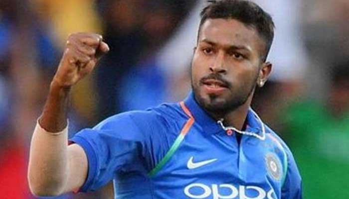 Indias Hardik Pandya celebrates after bowling out Ross Taylor. Photo: AFP