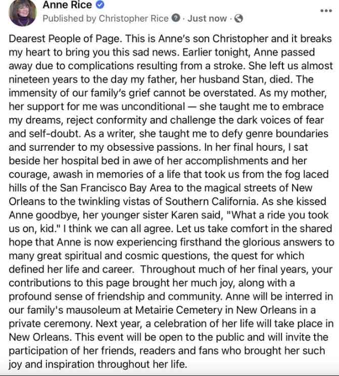 Full statement of Anne Rices son on authors death