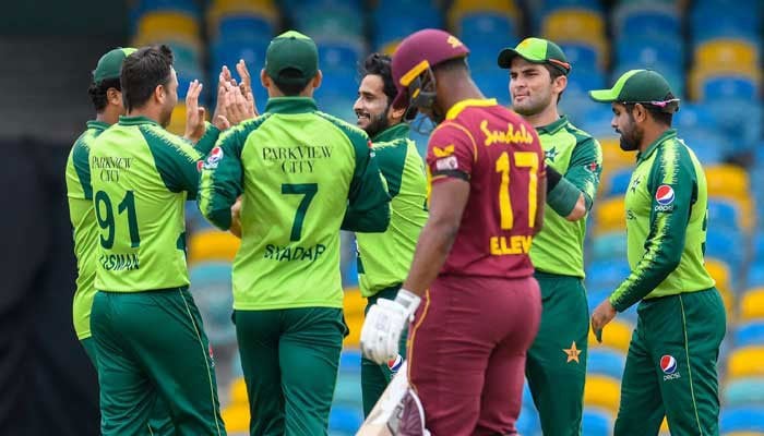 A file photo of Pakistan celebrating a wicket in a match against West Indies.