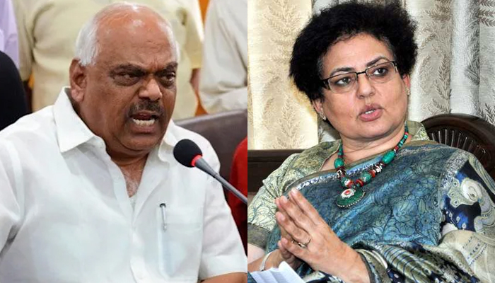 Karnataka Congress MLA Ramesh Kumar (left) and Chairperson of the National Commission for Women (NCW) Rekha Sharma. — AFP/Twitter/File