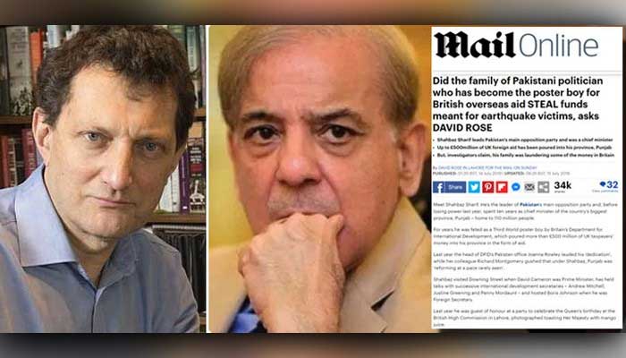 A picture collage showing Daily Mail journalist David Rose, PML-N President Shahbaz Sharif, and a screenshot of the defamatory article against Shahbaz written by Rose. Photo: Geo.tv/ file