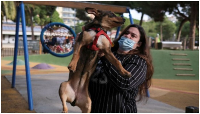 Raquel holds her relative dog Nala, four-month old, after she jumps the wooden fence to the playground, at Joan Miro park in Barcelona, Spain January 5, 2022. —  Reuters/Nacho Doce