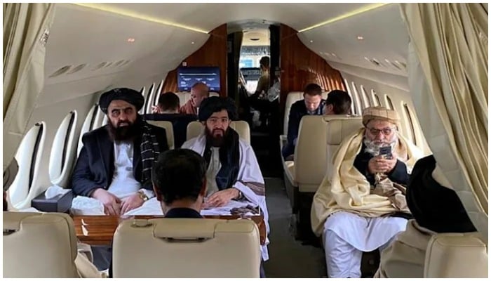 A Taliban delegation, the first to visit Europe since the return of the group to power in Afghanistan, travels in an aircraft to Oslo for talks with members of Afghan civil society. Photo: AFP
