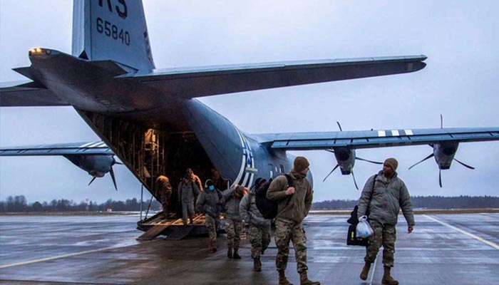 Airmen from the 4th Fighter Wing at Seymour Johnson Air Force Base, NC and the 48th Fighter Wing, Royal Air Force Lakenheath, England, arrive at Amari Air Base, Estonia, January 24, 2022. — Reuters