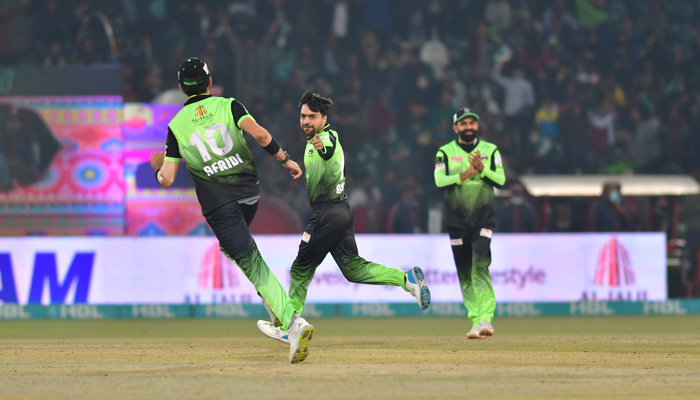 Rashid Khan celebrates after dismissing a Islamabad United batter. — PSL