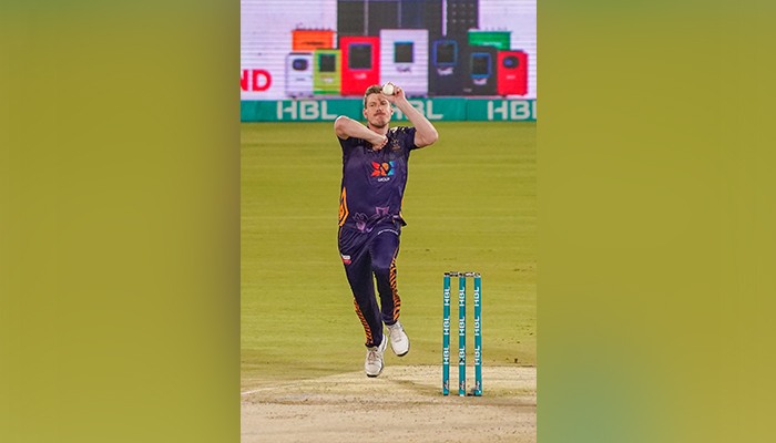 Quetta Gladiators James Faulkner bowls against Multan Sultans during a match at National Stadium in Karachi. — PCB/File