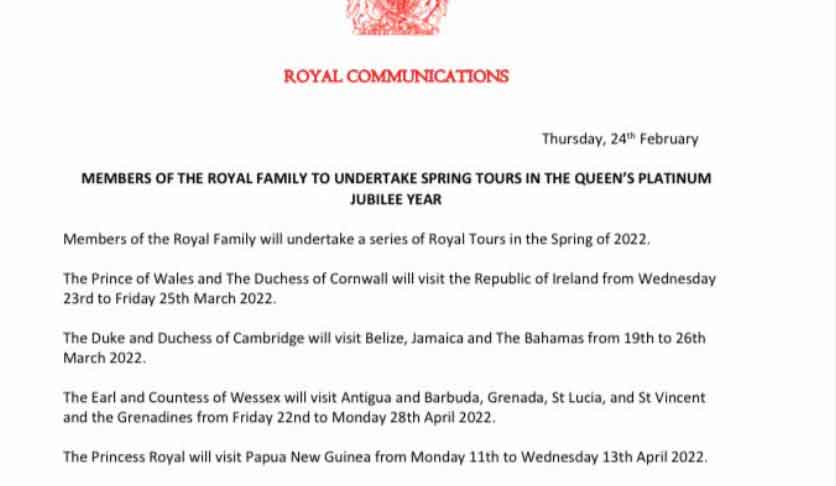 Buckingham Palace issues statement on royal familys spring visits