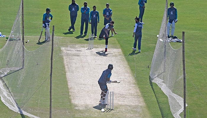 Pakistans cricketers take part in a practice session at the Rawalpindi Cricket Stadium in Rawalpindi on February 27, 2022. — AFP