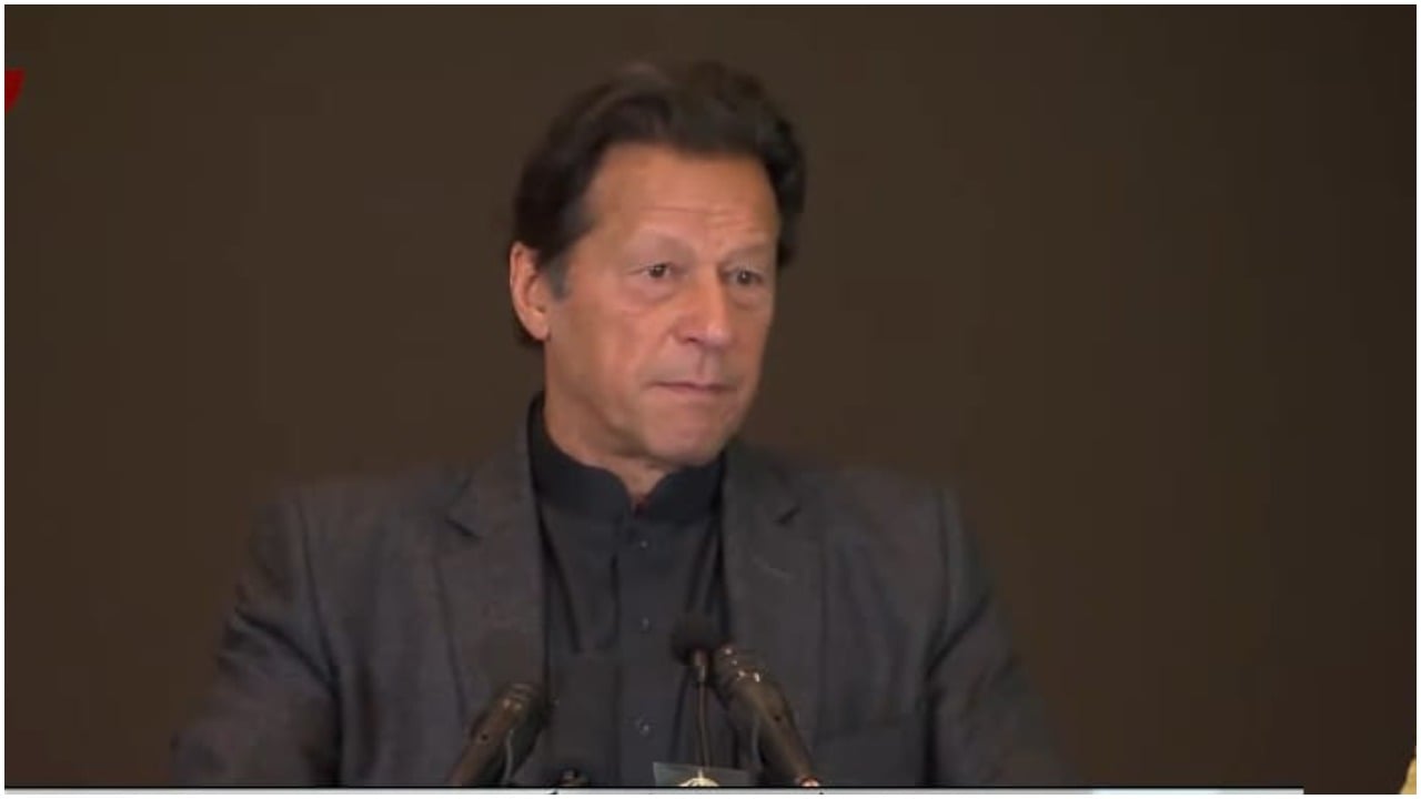 Prime Minister Imran Khan addresses an event of Rehmatul Lil Alameen Authority in Islamabad. Photo: Screengrab from PTV News