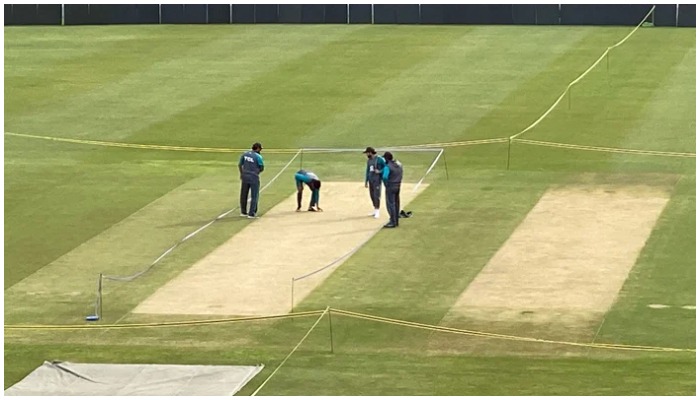 Head coach Saqlain Mushtaq, batting consultant Mohammad Yousaf, captain Babar Azam and his deputy, Mohammad Rizwan, inspecting the pitch at Pindi Stadium, on March 2, 2022. — Picture Arfa Feroz Zake