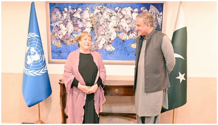 United Nations High Commissioner for Human Rights Ms Michelle Bachelet. (left) and  Shah Mahmood Qureshi (right) exchange remarks. Photo: Twitter/ @@SMQureshiPTI