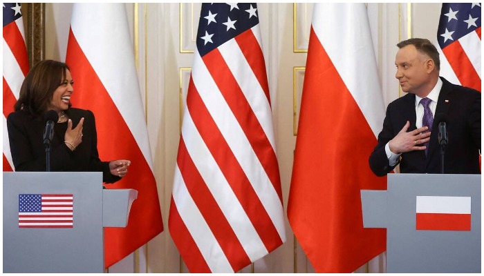 US Vise President Kamala Harris laughing during a press conference with Polish President Andrzej Duda—Reuters/File