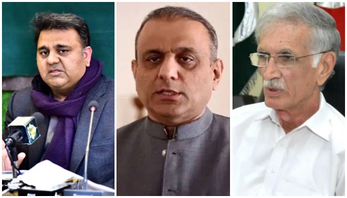 Fawad Chaudhry (left), Aleem Khan (centre), Pervaiz Khattak (right). Photo: PID/ AFP/ Twitter