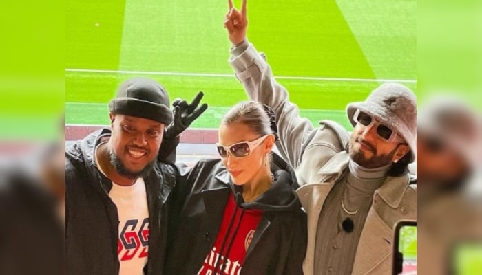 Ranveer Singh strikes pose with Bella Hadid, Chunkz at Emirates Stadium