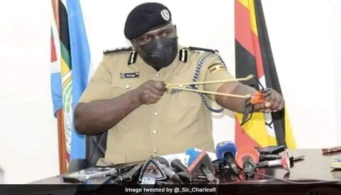 A police spokesperson in Uganda was pictured with a catapult.