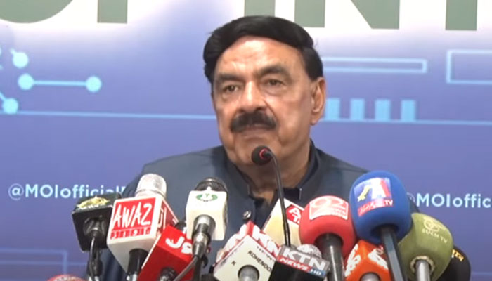 Interior Minister Sheikh Rasheed addressing a press conference in Islamabad. — YouTube Screengrab