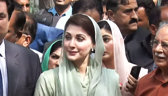 PML-N Vice-President Maryam Nawaz speaking to journalists in the federal capital after appearing at the Islamabad High Court (IHC), on March 21, 2022. — YouTube/GeoNews
