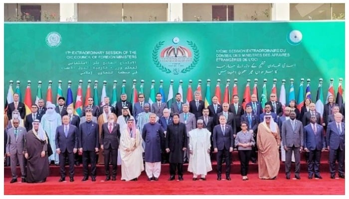 PM Imran Khan and foreign ministers of OIC pose for a picture at the 17th Extraordinary Session of CFMs. Photo: PID/ file