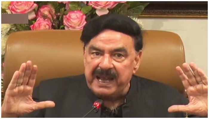 Interior Minister Sheikh Rasheed addressing a press conference in Punjabs capital, Lahore, on March 24, 2022. — Screengrab via YouTube/PTV News