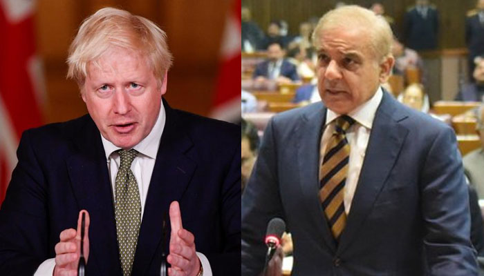 UK Prime Minister Boris Johnson (left) in London during a press briefing and PM Shehbaz Sharif speaking at a National Assembly session. Photo — Reuters/ NA of Pakistan/ Twitter